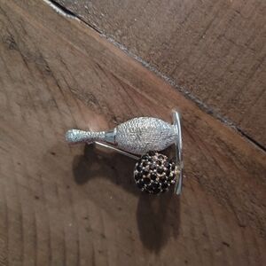 Dodd Silver Tone Bowling Pin And Black Rhinestone Ball Vintage Brooch